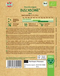 Bauanleitung für Buschbohnen, enthält Informationen zu Sorte, Aussaat, -tiefe und Erntezeit im Text auf braunem Hintergrund.