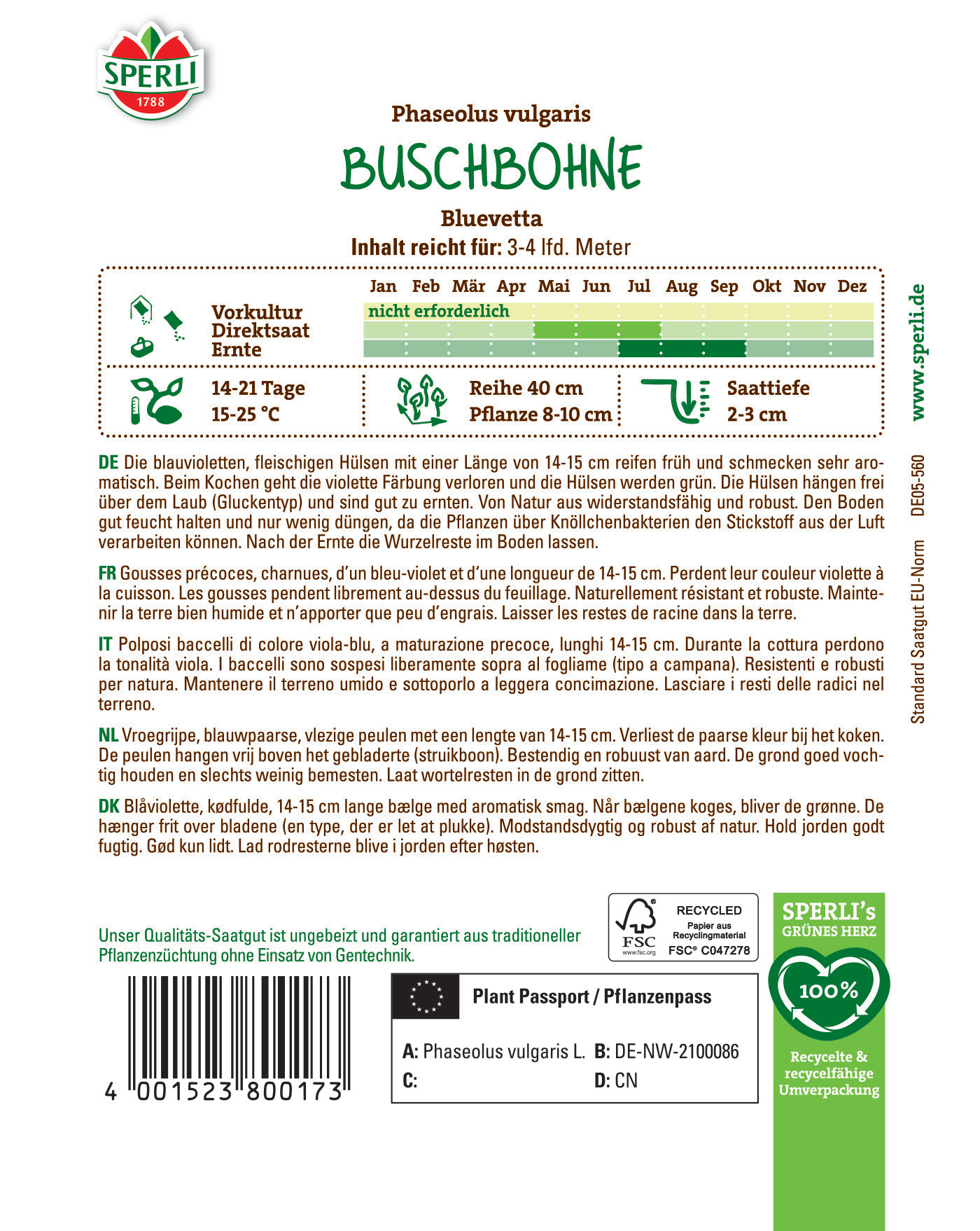 Blauviolette Buschbohne mit langen 14-15 cm langen, aromatischen Hülsen, robust, gut zu ernten, wächst über Laub.