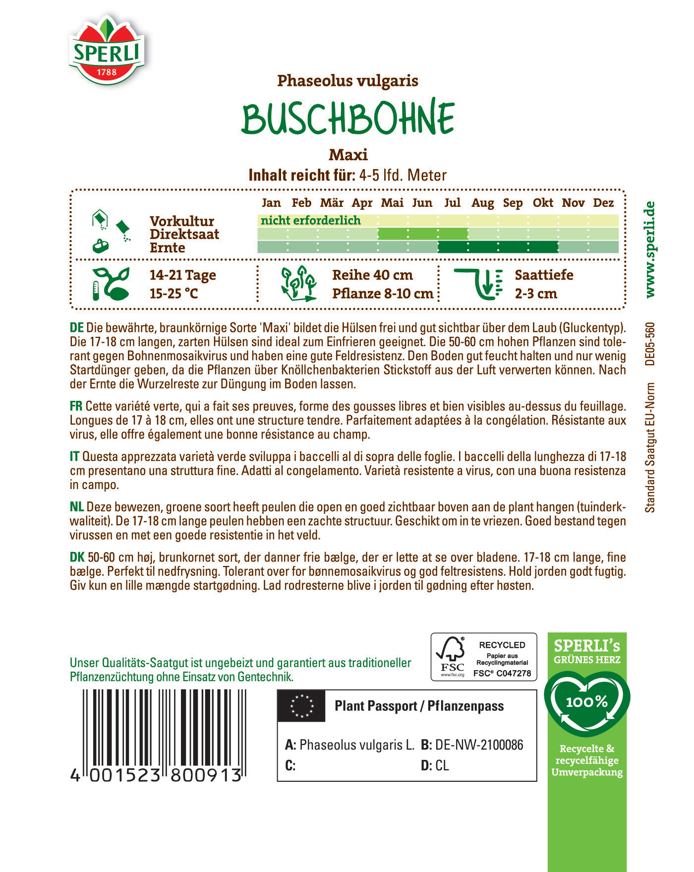 Büschbohne auf Verpackung, grün, mit langen Hülsen und kleinen Peulen, wächst im Sommer.