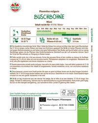 Büschbohne auf Verpackung, grün, mit langen Hülsen und kleinen Peulen, wächst im Sommer.