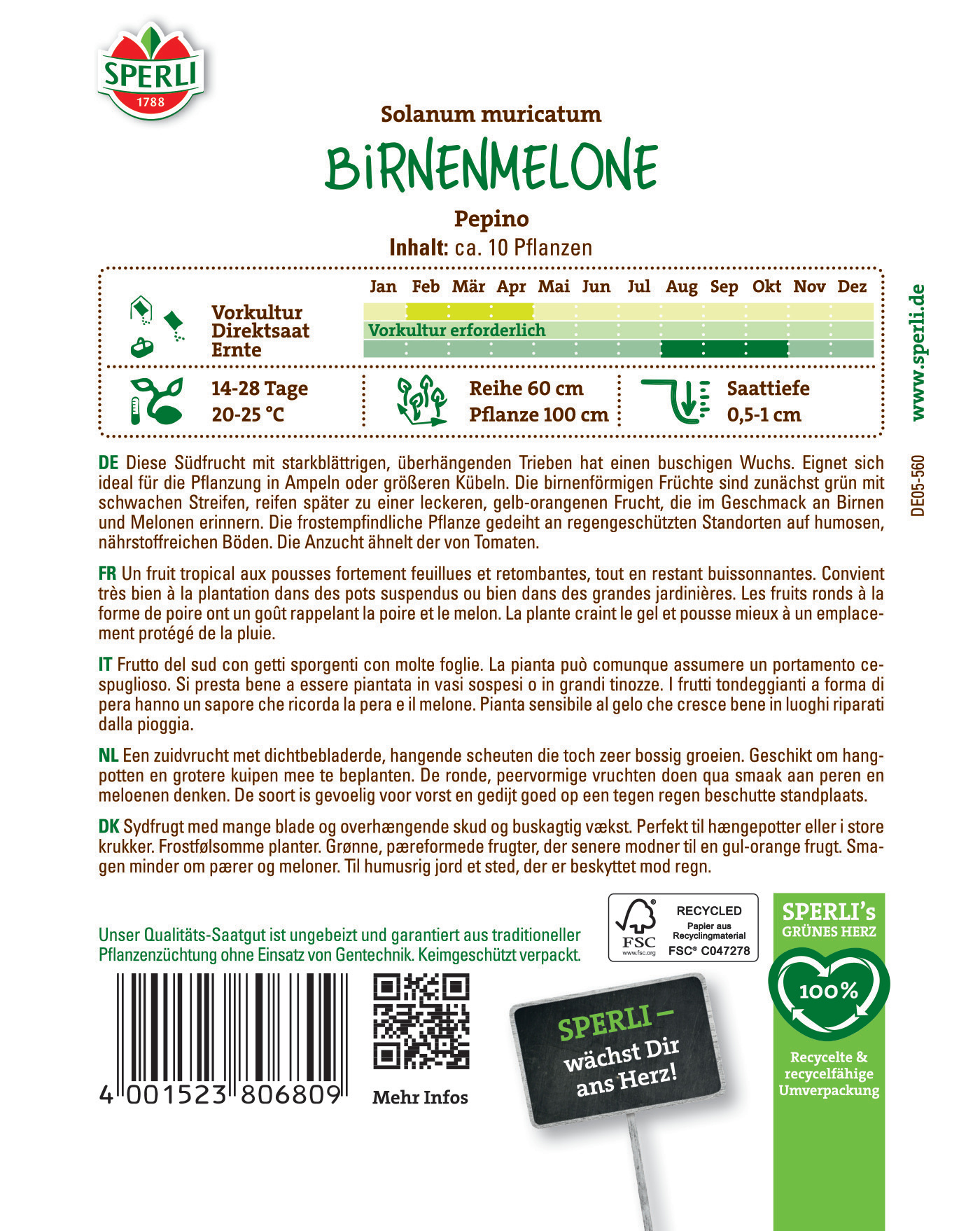 Pflanzenetikett für Birnenmelone mit Farbangaben, Anbauhinweisen und QR-Code auf weißem Hintergrund.