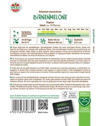 Pflanzenetikett für Birnenmelone mit Farbangaben, Anbauhinweisen und QR-Code auf weißem Hintergrund.