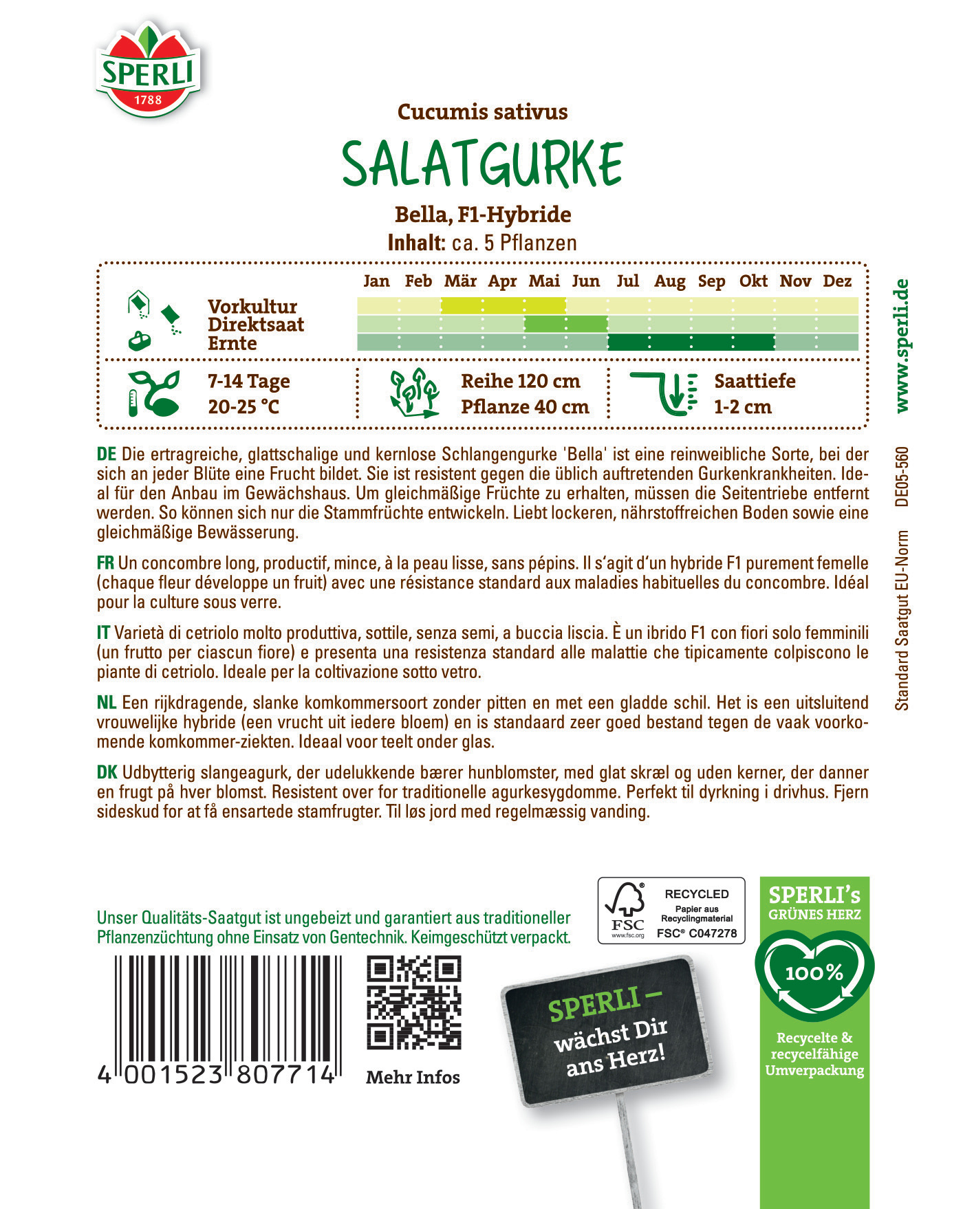 Paket mit Salatgurken in gelber Verpackung, zeigt Logo, Barcode, QR-Code und Text mit Produktinformationen.