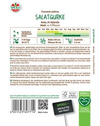 Paket mit Salatgurken in gelber Verpackung, zeigt Logo, Barcode, QR-Code und Text mit Produktinformationen.
