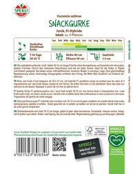 Pflanzenetikett mit Informationen zu Cucumis sativus Snackgurke, Wachstum, Sorte, Erntezeit, Pflanztipps und Pflege.