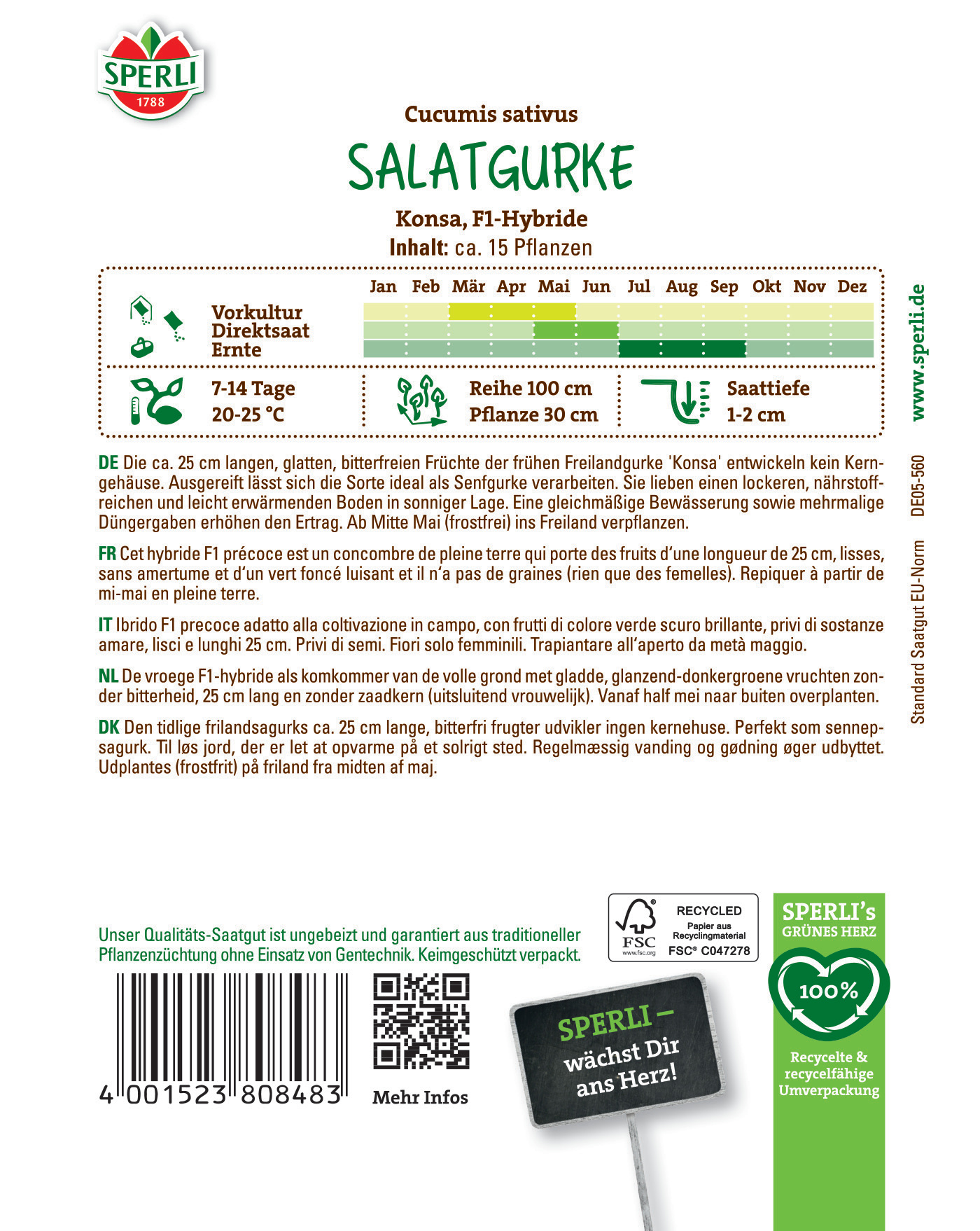 Packungsrückseite mit Hinweis auf Salatgurkensorten, Anbauzeit, Pflanzinformationen, Text in mehreren Sprachen, Barcode und Logo.