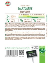 Packungsrückseite mit Hinweis auf Salatgurkensorten, Anbauzeit, Pflanzinformationen, Text in mehreren Sprachen, Barcode und Logo.