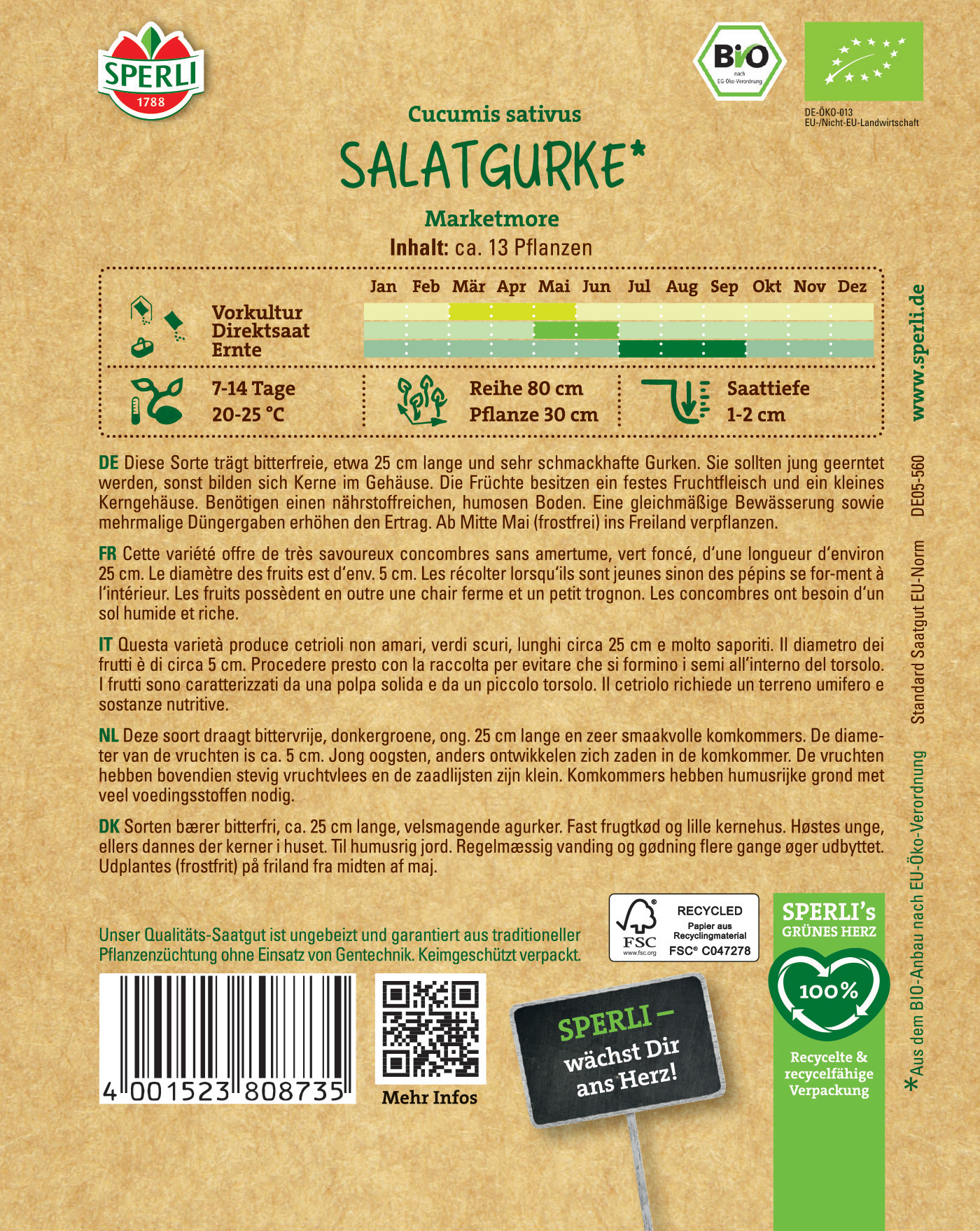 Samen aufgedruckte Salatgurken Verpackung mit Bio- und EU-Logo, Anbauhinweise, Barcode und QR-Code.