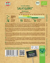 Samen aufgedruckte Salatgurken Verpackung mit Bio- und EU-Logo, Anbauhinweise, Barcode und QR-Code.