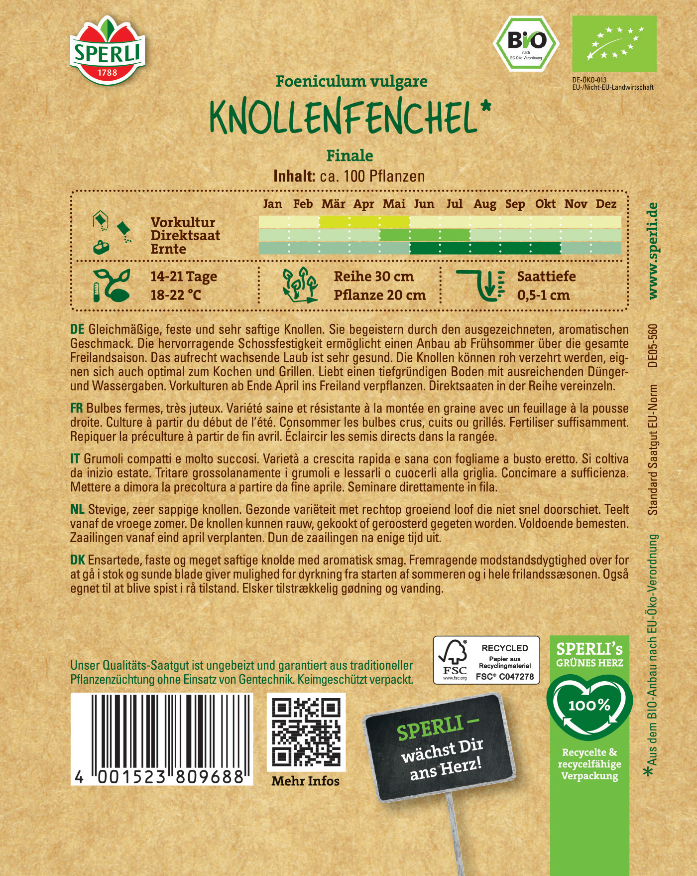 Getrocknete Knollenfenchelknollen mit grünen Blättern, Verpackung aus recyceltem Material, Bio-Siegel, FSC-Logo.
