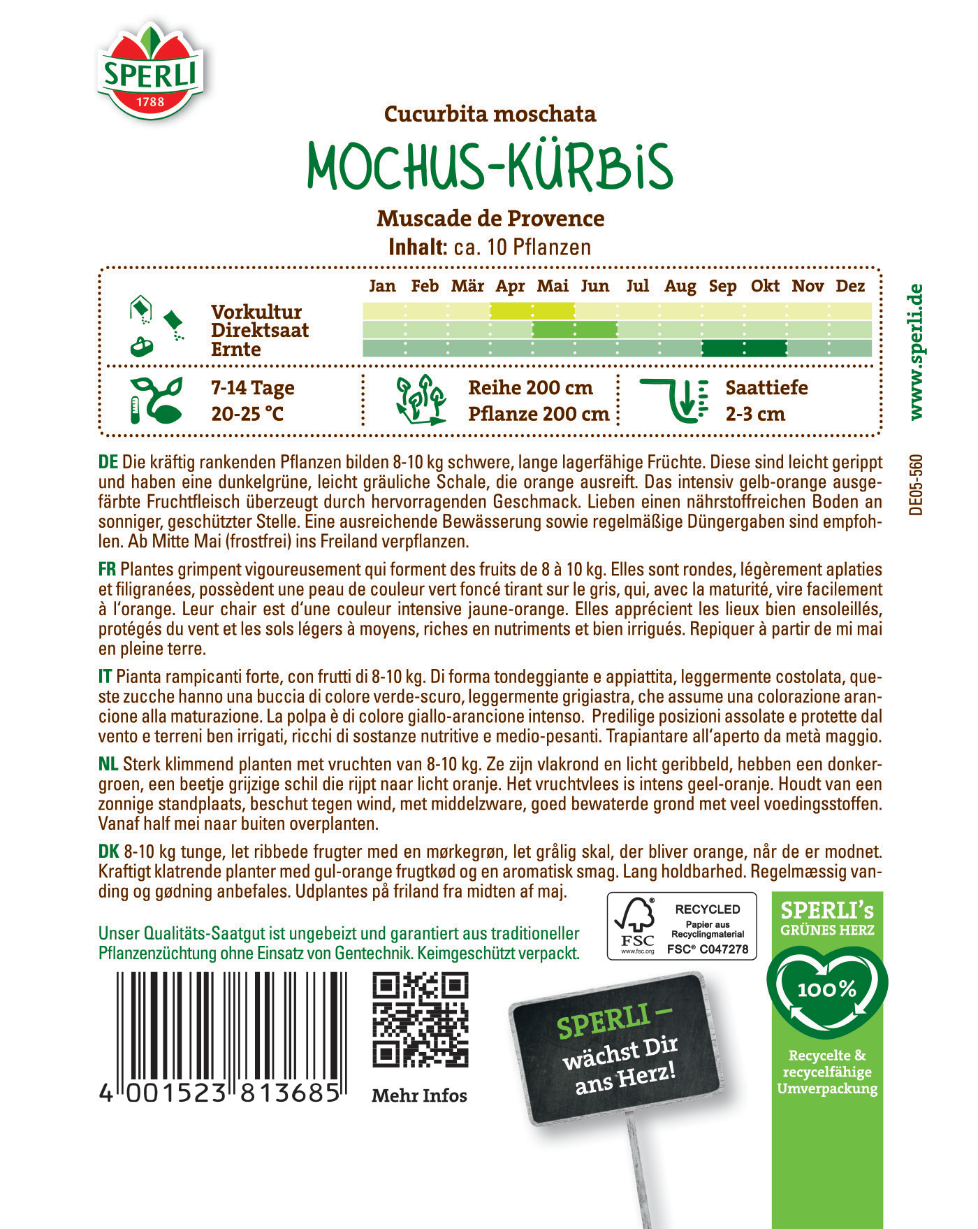 Bild zeigt die Rückseite einer Packung mit Pflegehinweisen, Pflanzenbeschreibung, Barcode und Recycling-Logo.