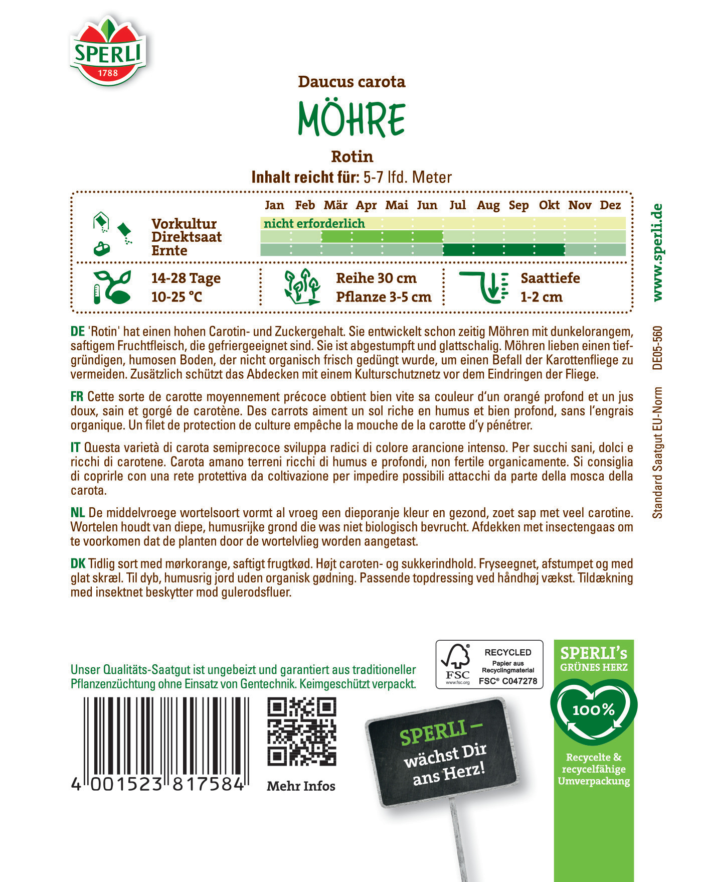 Möhre Daucus carota Karte mit Pflanzeninformationen, Anbautipps und Herkunft auf weißem Hintergrund.