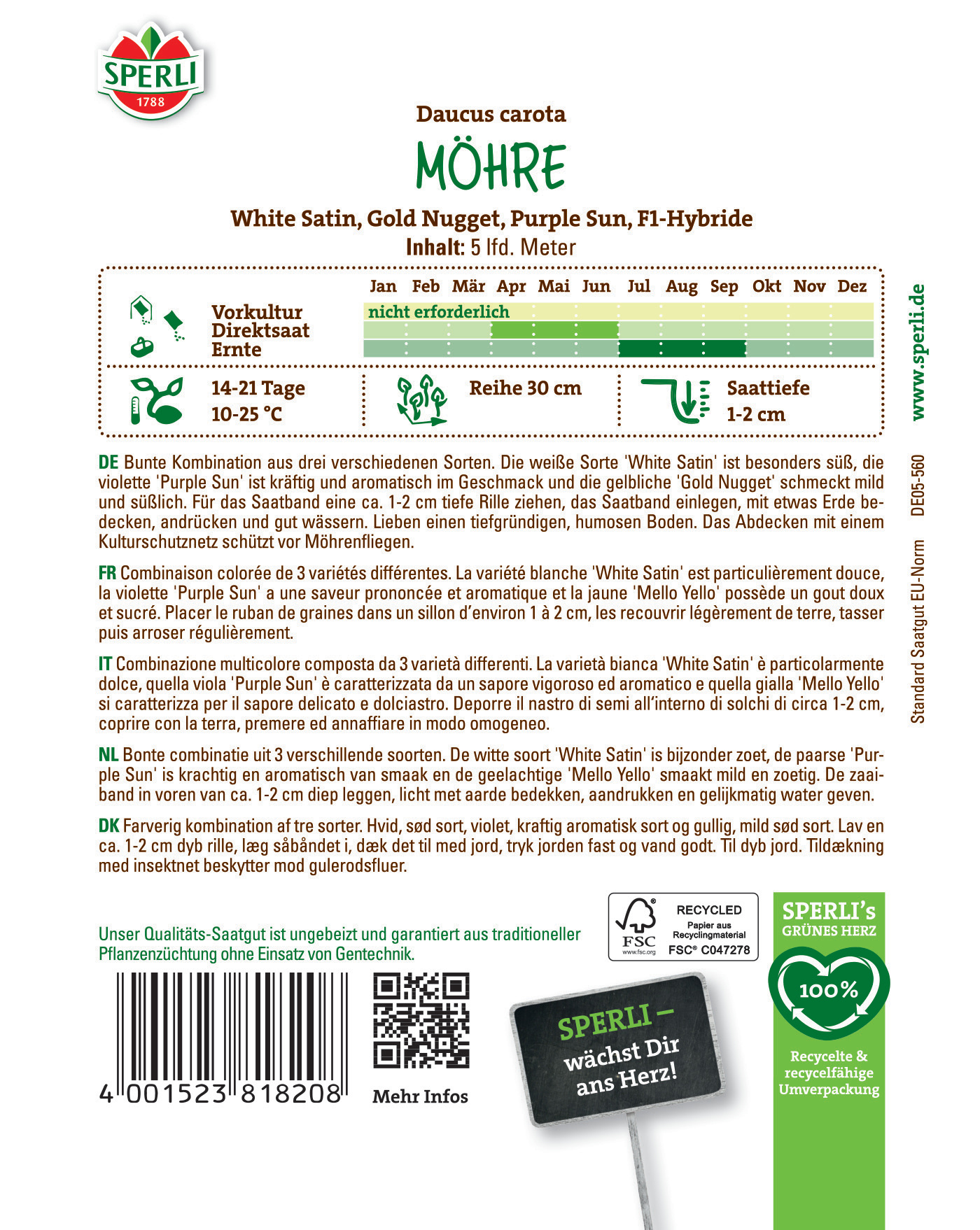 Packungsrückseite mit Beschreibung der Mohrrüben Sorte White Satin, Anbautipps, Pflegehinweise und Barcode.