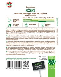 Packungsrückseite mit Beschreibung der Mohrrüben Sorte White Satin, Anbautipps, Pflegehinweise und Barcode.