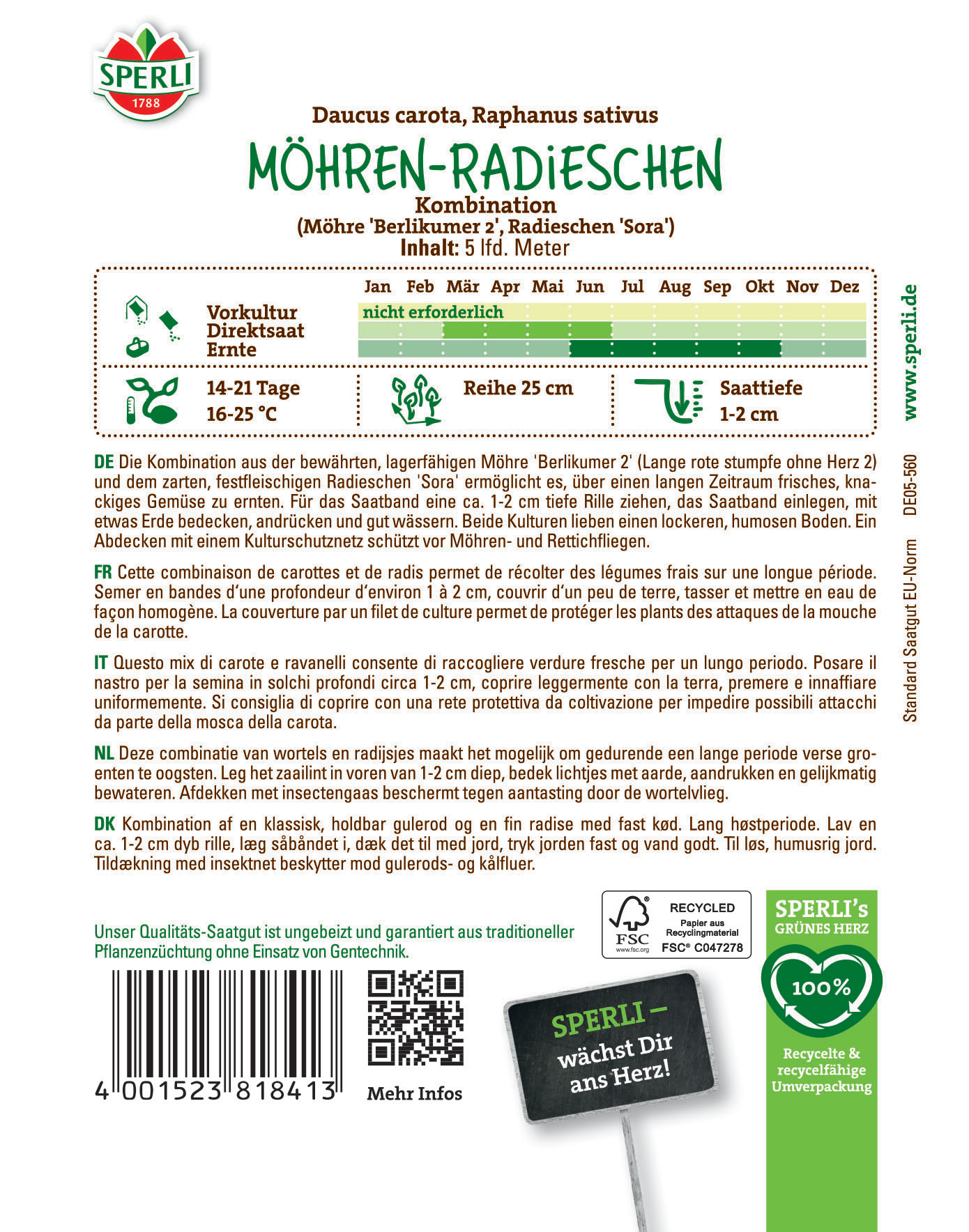 Packungsrückseite mit Informationen zu Möhren-Radieschen-Kombination, Anbau, Pflanzung und Pflege.