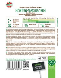 Packungsrückseite mit Informationen zu Möhren-Radieschen-Kombination, Anbau, Pflanzung und Pflege.