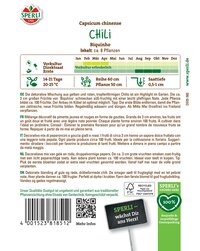 Bild zeigt Etikett für Chili-Biguinho mit Logo, Pflanzzeiten, Beschreibung auf Deutsch, Französisch, Italienisch, Niederländisch und Dänisch.