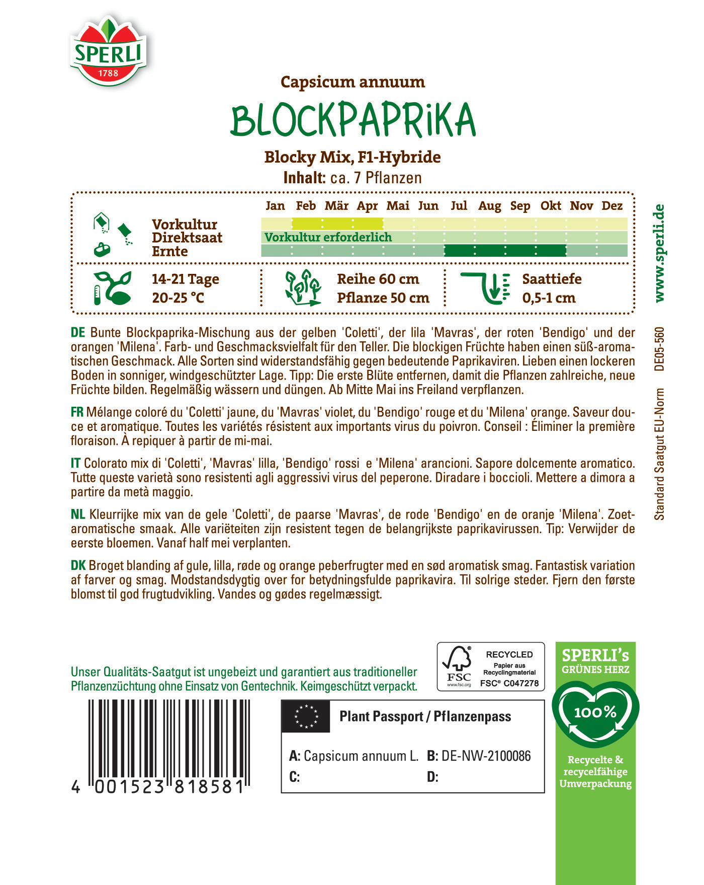 Bild mit Paprikasamen, Text auf der Verpackung, grüne Schrift, Logo oben links, Barcode unten.