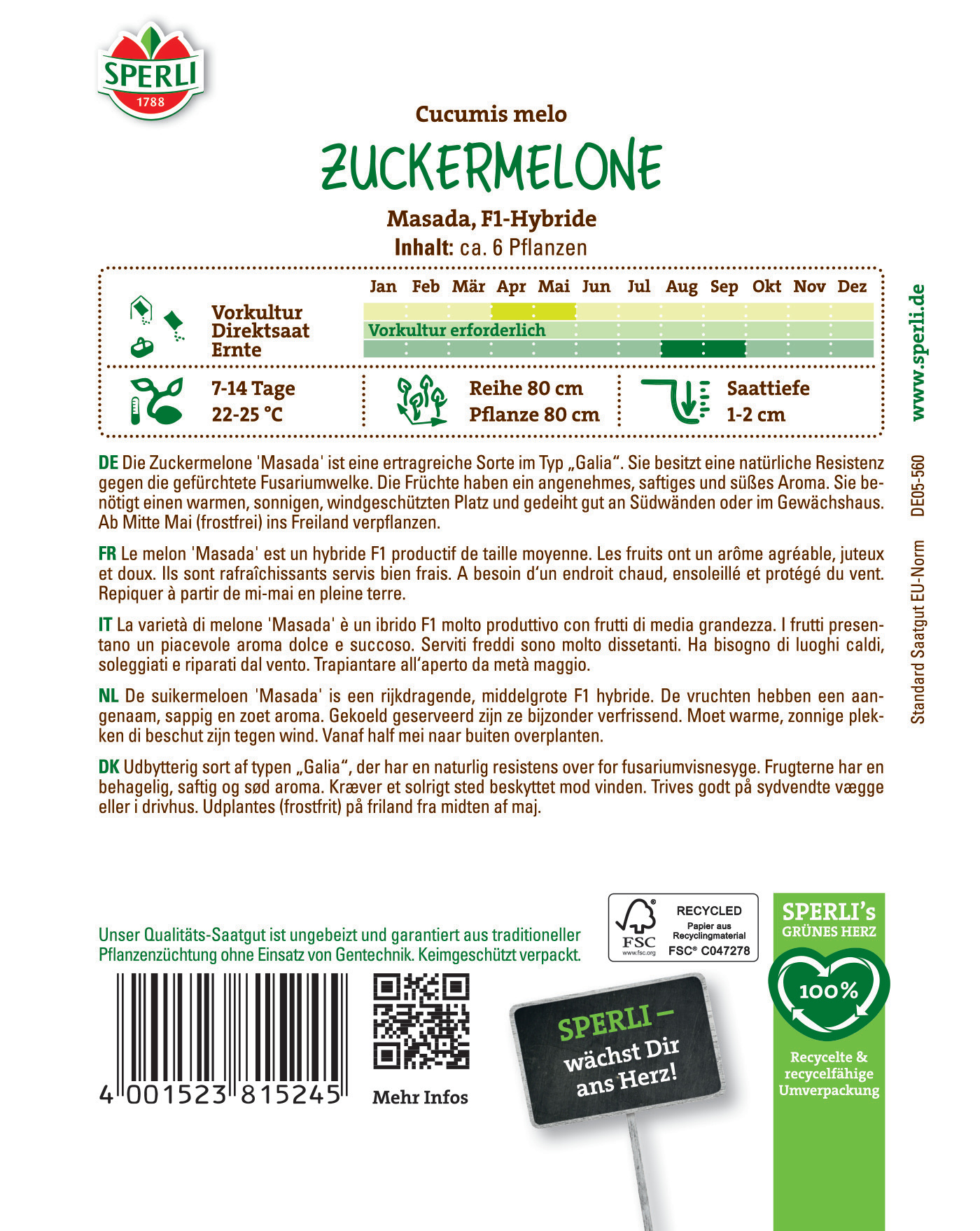 Bild mit grünem Kürbis-Symbol, Text und QR-Code, enthält Informationen zur Zuckermelone Masada, Anbau, Ernte, Pflanzzeit.