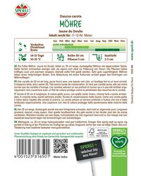 Beutel mit Informationen zur Möhren-Saatgut, inklusive Wachstumszeitraum, Standort und Anbauhinweisen.