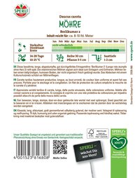 Packungsrückseite mit Informationen zu Möhren Sorte Berlikumer 2, Anbau, Lagerung und Qualität, Logo und Barcode.