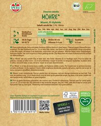 Zweiteiliger brauner Saatgutbeutel mit grünen und weißen Elementen, Text, QR-Code und Barcodes.