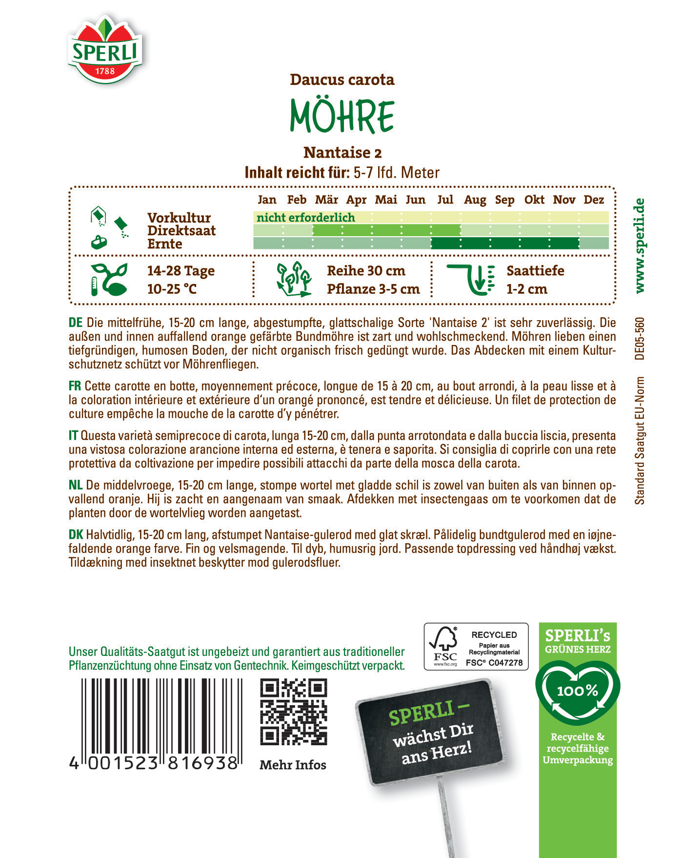 Sperli Möhren, Samenpackung mit Beschreibung, Barcode, QR-Code und Slogans auf weißem Hintergrund.