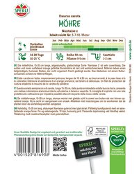 Sperli Möhren, Samenpackung mit Beschreibung, Barcode, QR-Code und Slogans auf weißem Hintergrund.