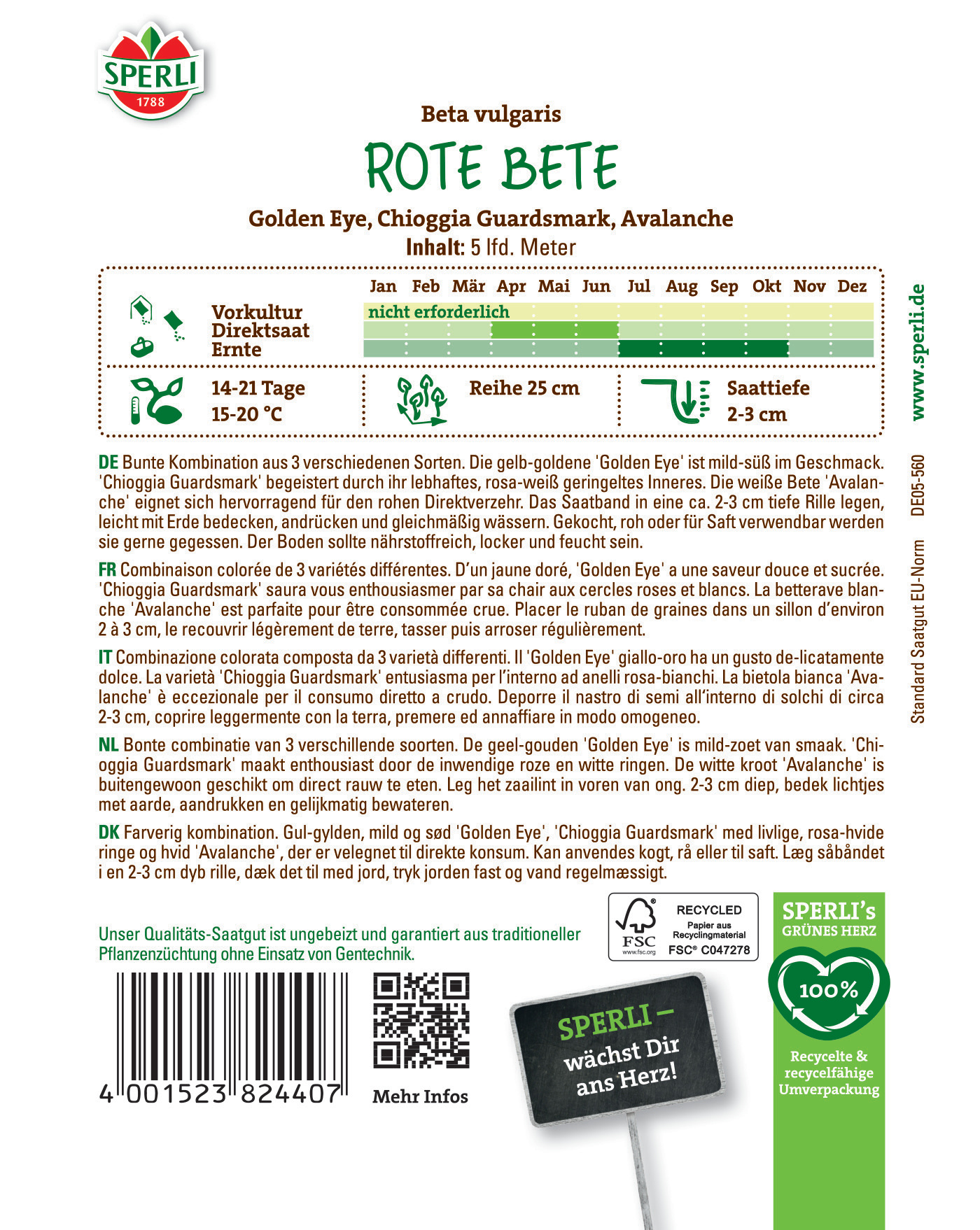 Rote Bete Samenpackung mit grüner Label, barcode, QR-Code, 100% Recycling Hinweis, Slogan, und Pflanzinformationen.