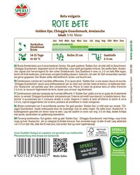 Rote Bete Samenpackung mit grüner Label, barcode, QR-Code, 100% Recycling Hinweis, Slogan, und Pflanzinformationen.