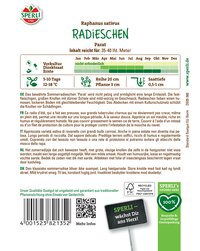 Bündel Radieschen mit grünem Logo, Text, QR-Code, Barcode und Informationssymbol auf weißem Hintergrund.