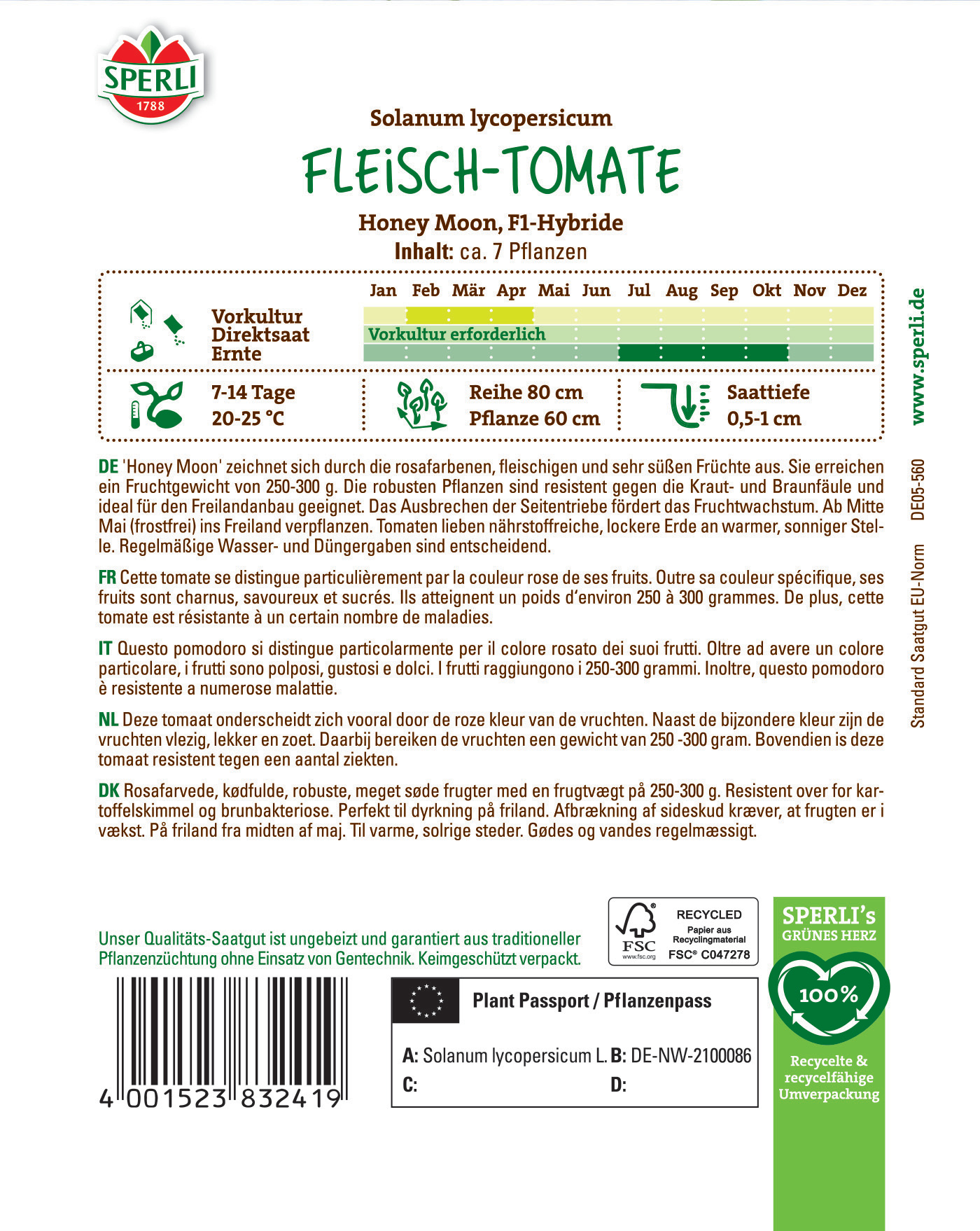 Samen auf der Samenpackung mit grüner Überschrift Fleischtomate.