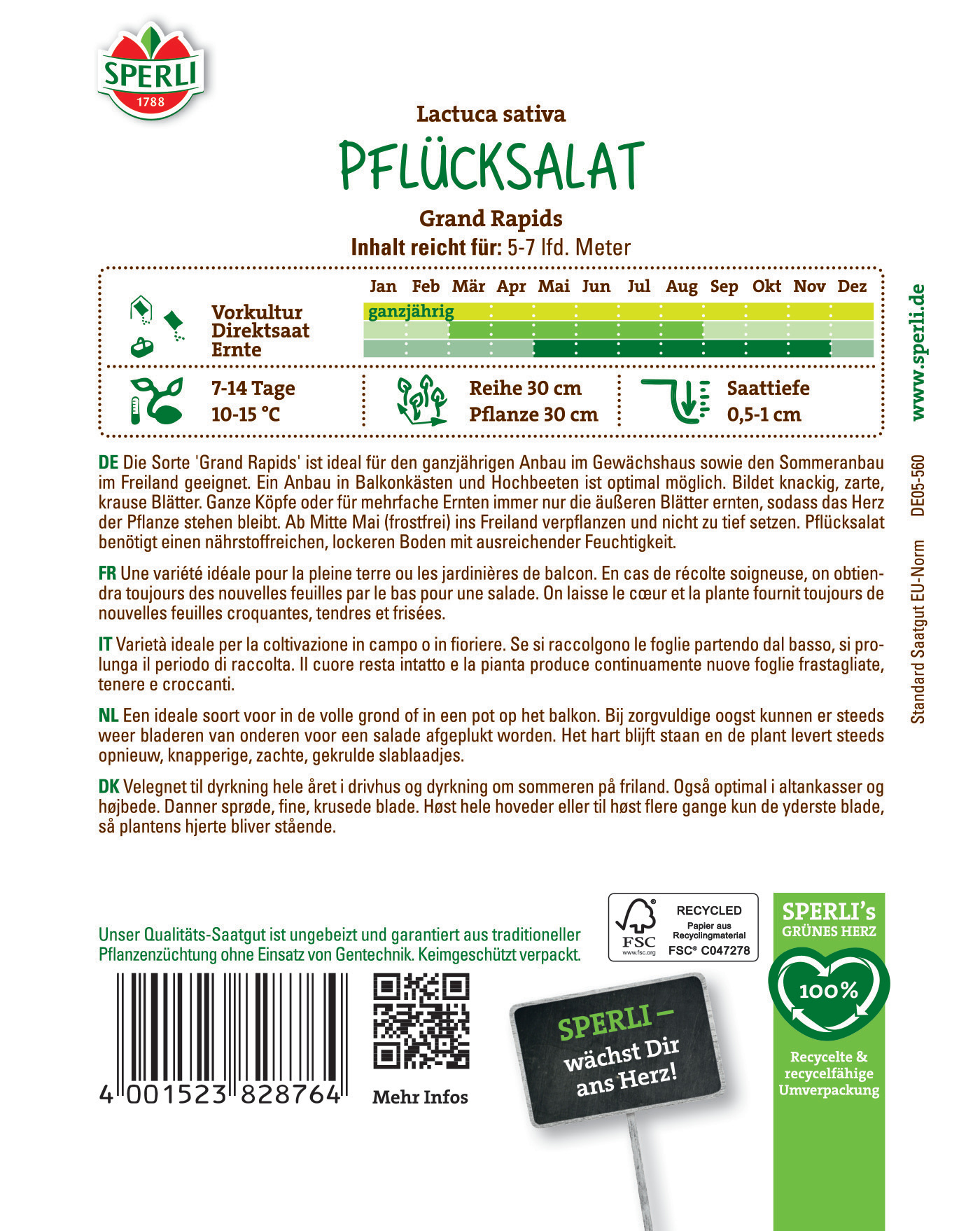 Auf dem Bild ist ein Verpackungsrückseite von Pflücksalat mit Text, Logo und QR-Code.
