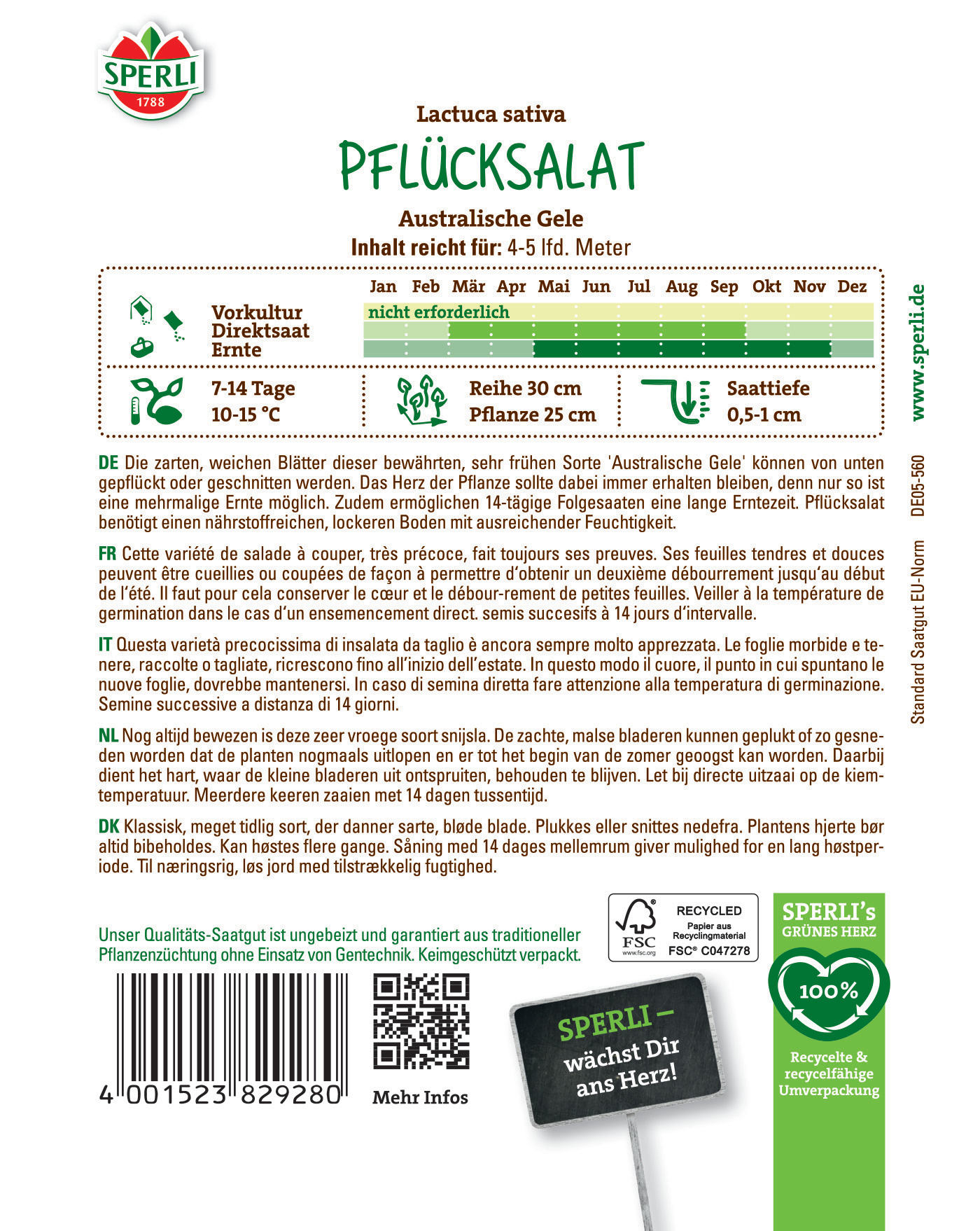 Bild zeigt ein Samenpäckchen mit Pflücksalat auf der Verpackung, darunter Barcode, QR-Code und Text.