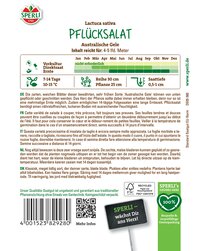 Bild zeigt ein Samenpäckchen mit Pflücksalat auf der Verpackung, darunter Barcode, QR-Code und Text.