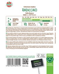 Bild mit Saatgutverpackung für Radicchio, mit Logo, Text, Barcodes und Pflanzeninformationen auf weißem Hintergrund.