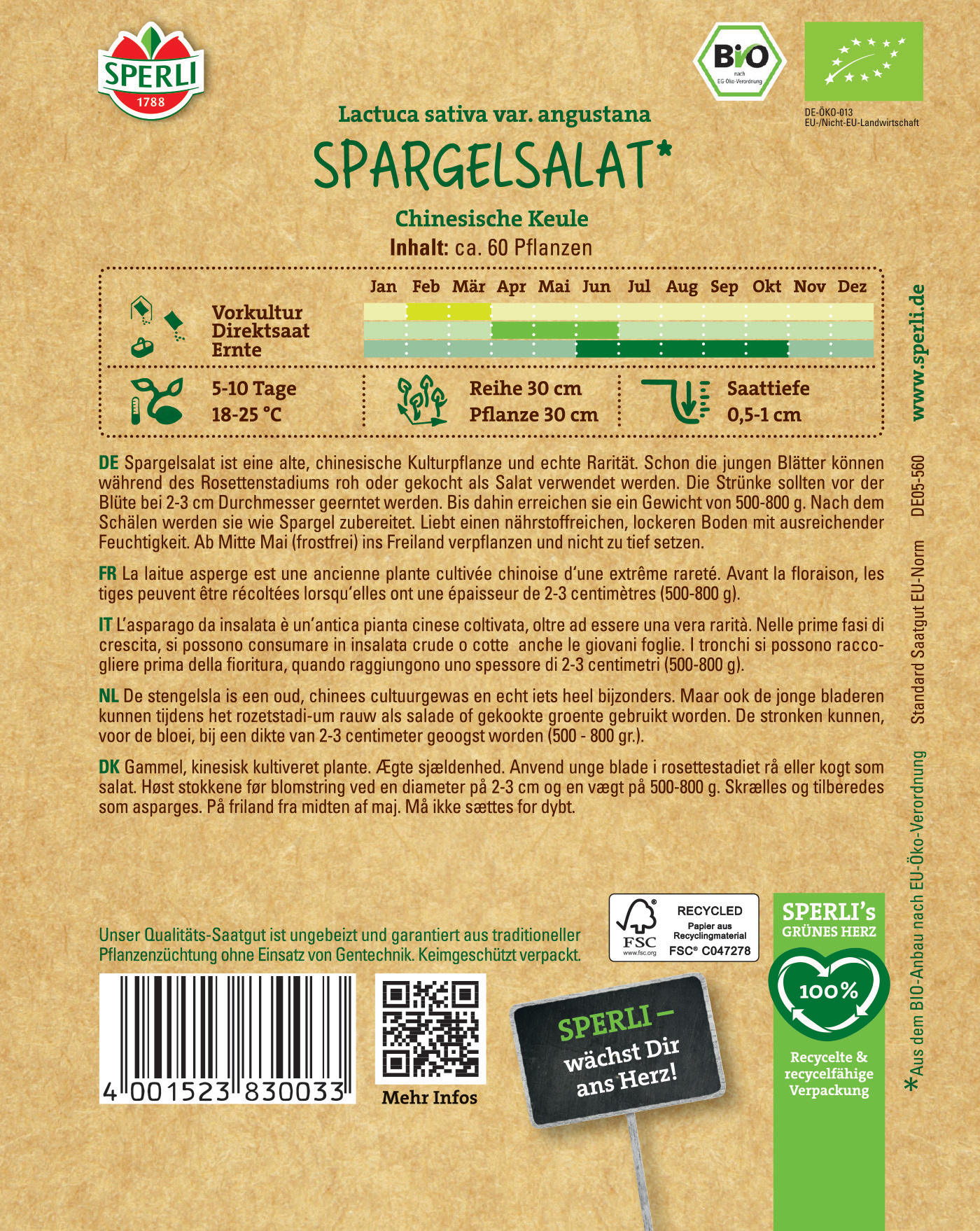 Bunte Verpackungsrückseite mit Pflanzeninformationen, Bar-Codes, QR-Code, FSC-Logo und grünen Icons.