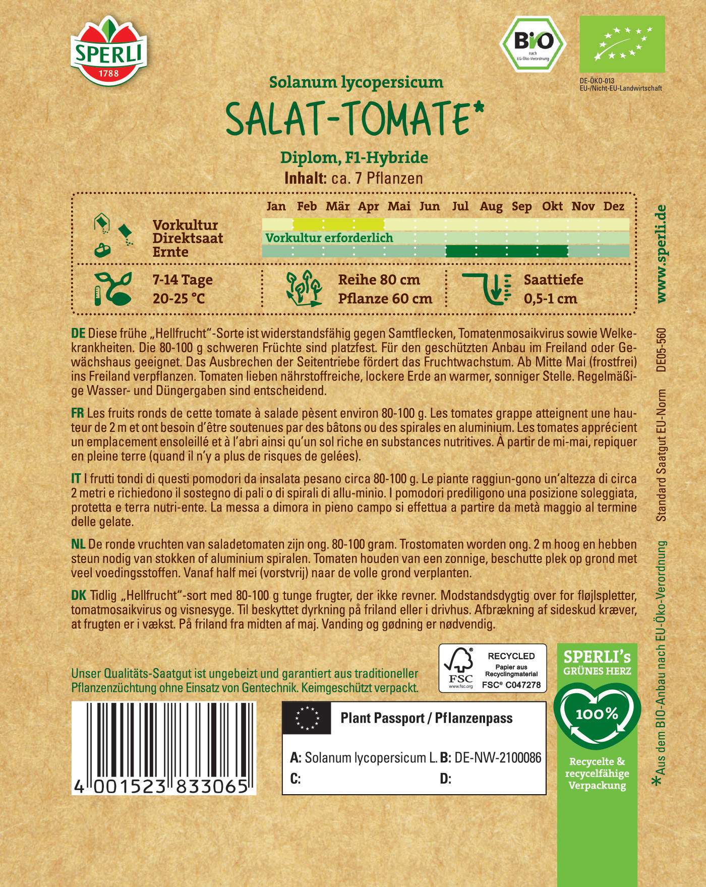 Samentüte mit Sonnen-Tomaten, ca. 7 Pflanzen, Vorkultur erforderlich, 80-100 Tage, 20-25 °C.