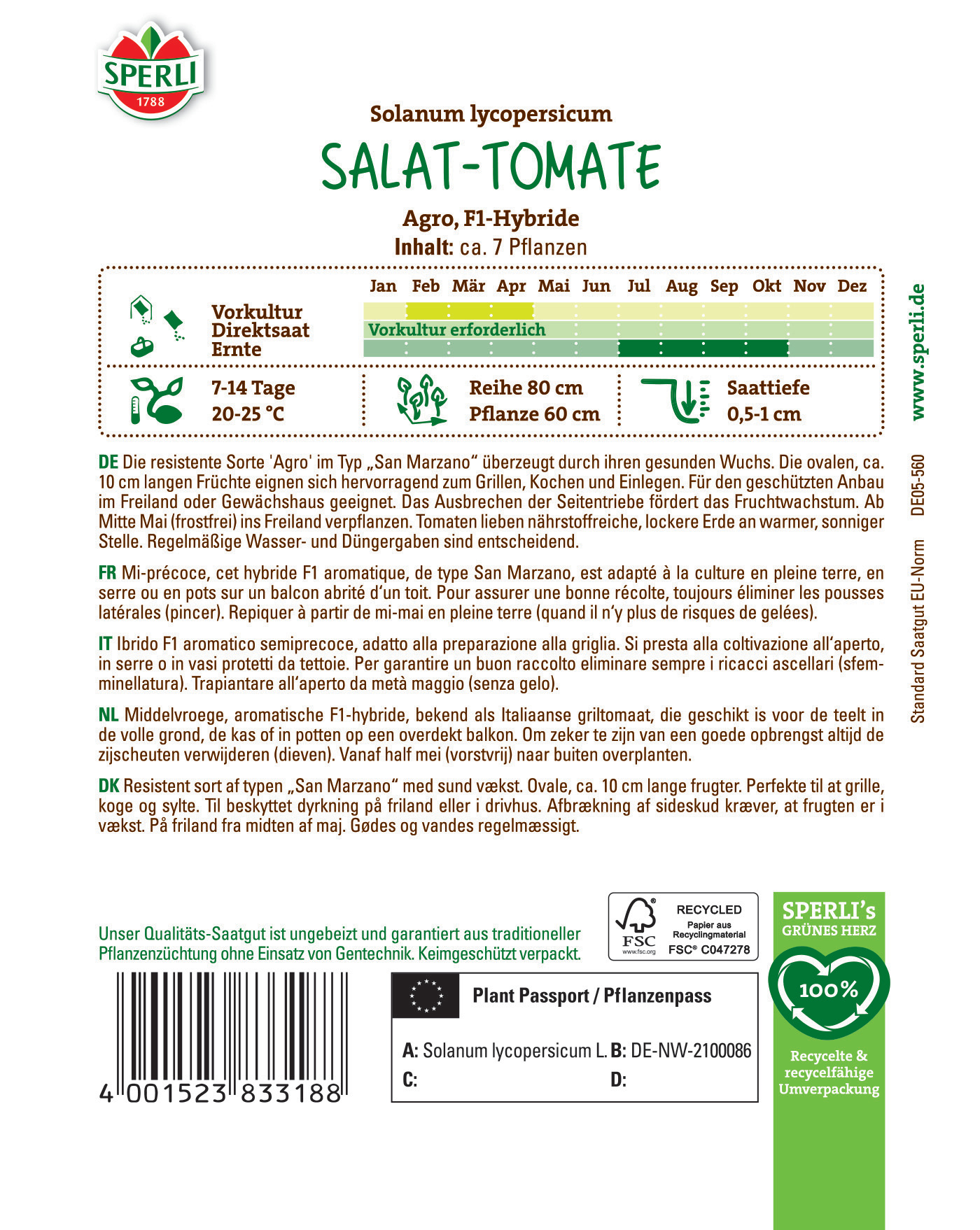 Informationstext zu Salat-Tomate, Saatzeit, Pflanztiefe, Eigenschaften, Inhalt: ca. 7 Pflanzen.
