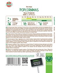 Bilder von Popcornmais mit grüner Verpackung, mit Texten, QR-Code und Barcode auf weißem Hintergrund.