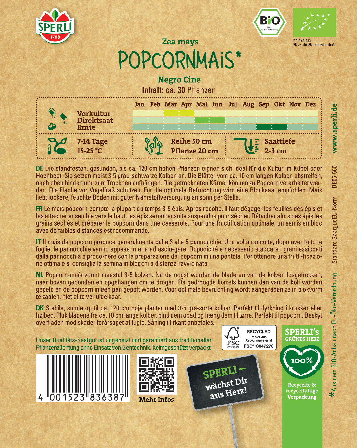 Poppcornmais Verpackung mit Anbauinformationen, Blütezeit, Saatentiefe und Pflanzabständen, grüne und braune Farben.