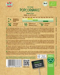 Poppcornmais Verpackung mit Anbauinformationen, Blütezeit, Saatentiefe und Pflanzabständen, grüne und braune Farben.