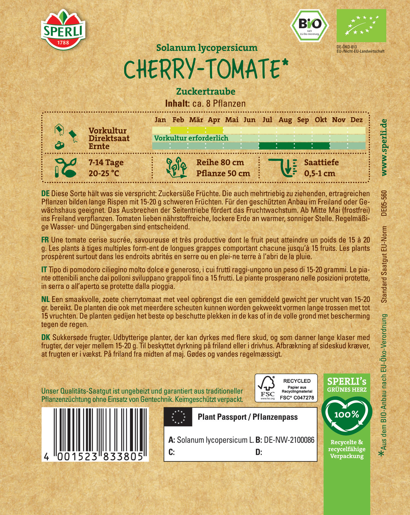 Samen mit Cherry-Tomaten, Anbau im Freiland, ca. 8 Pflanzen, Vorkultur erforderlich, Juni bis Juli.