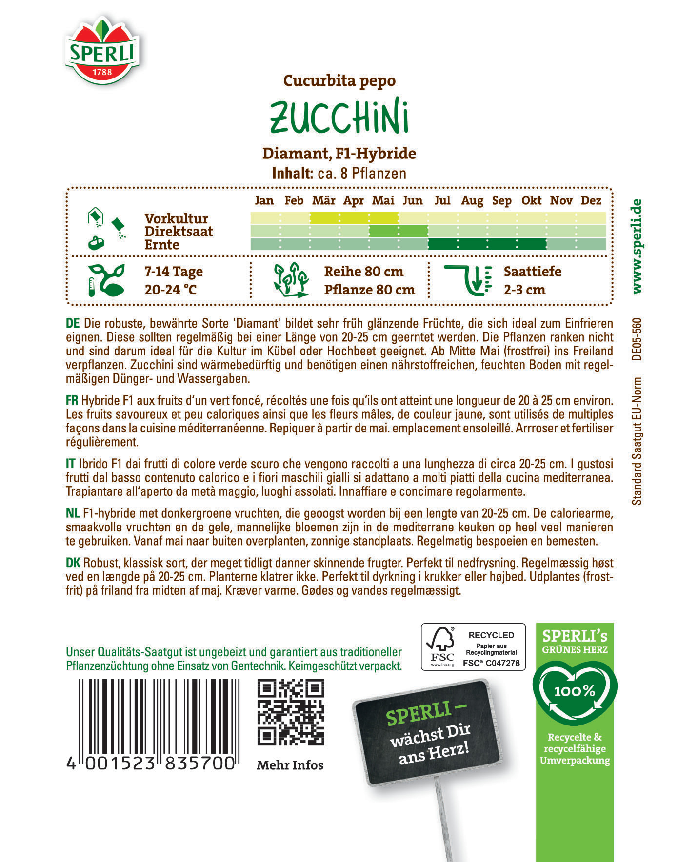 Bodenbeschreibung eines Zucchini-Saatguts, enthält Informationen zu Sorte, Pflanzzeit und Erntezeit.
