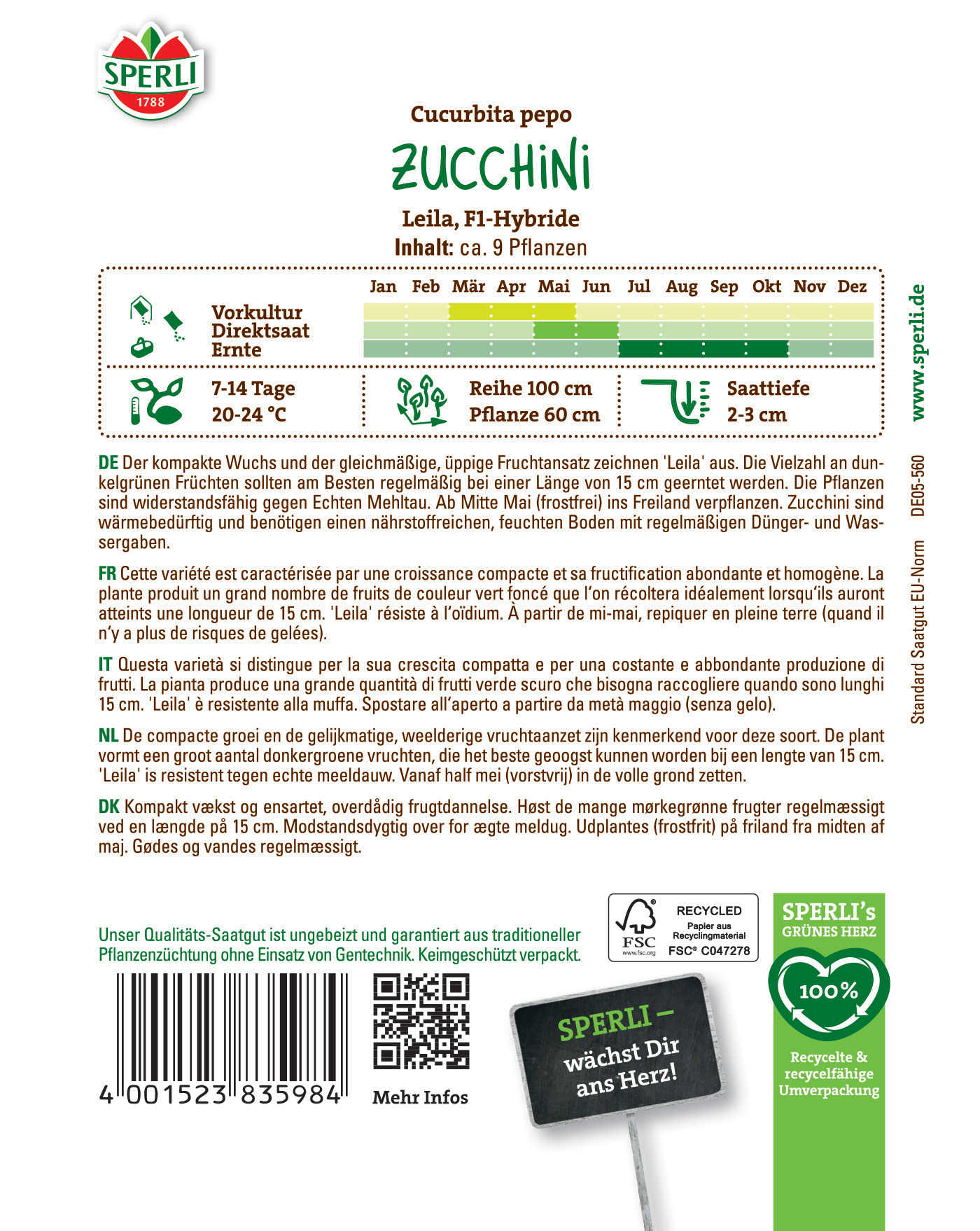 Packungsrückseite mit Zucchini-Saatgut, Anbauhinweisen, Pflanzabständen und Wachstumstabelle in mehreren Sprachen.
