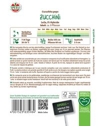Packungsrückseite mit Zucchini-Saatgut, Anbauhinweisen, Pflanzabständen und Wachstumstabelle in mehreren Sprachen.