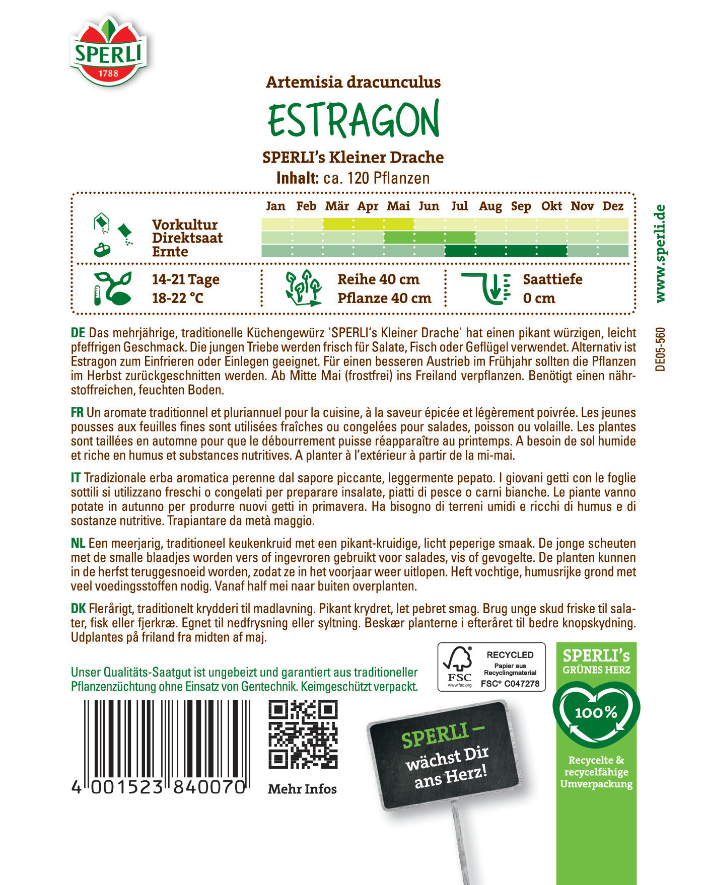 Pflanzenname Estragon, Verpackung mit Logo, Barcodes, QR-Code, Text auf Deutsch, Mehr Infos Hinweis, Umweltlogo.