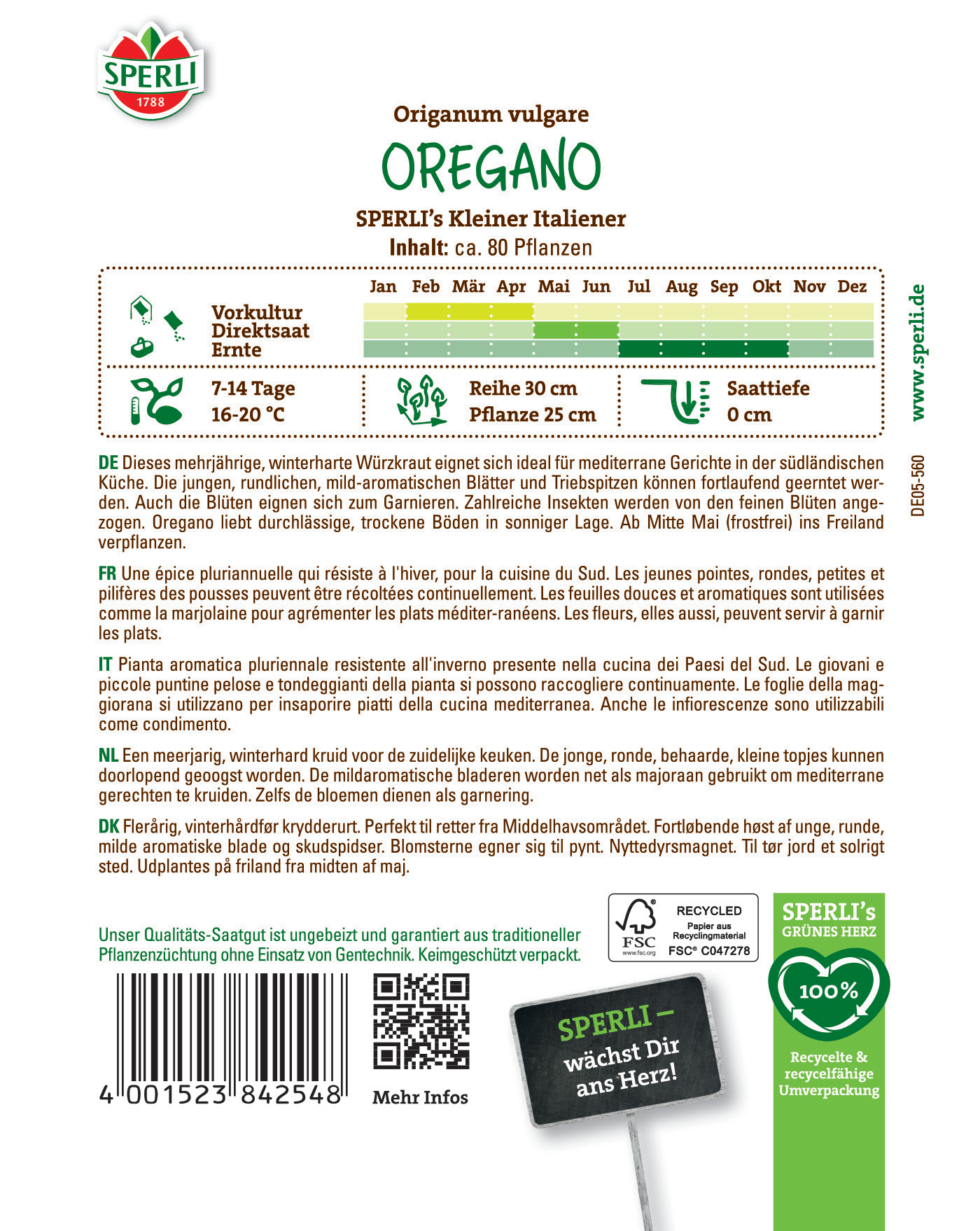 Kennzeichnung der Oregano-Saatgutpackung mit Pflanzenname, Wachstumszeit, Temperatur und Pflanzabstand.