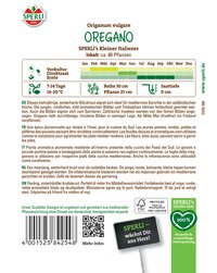Kennzeichnung der Oregano-Saatgutpackung mit Pflanzenname, Wachstumszeit, Temperatur und Pflanzabstand.