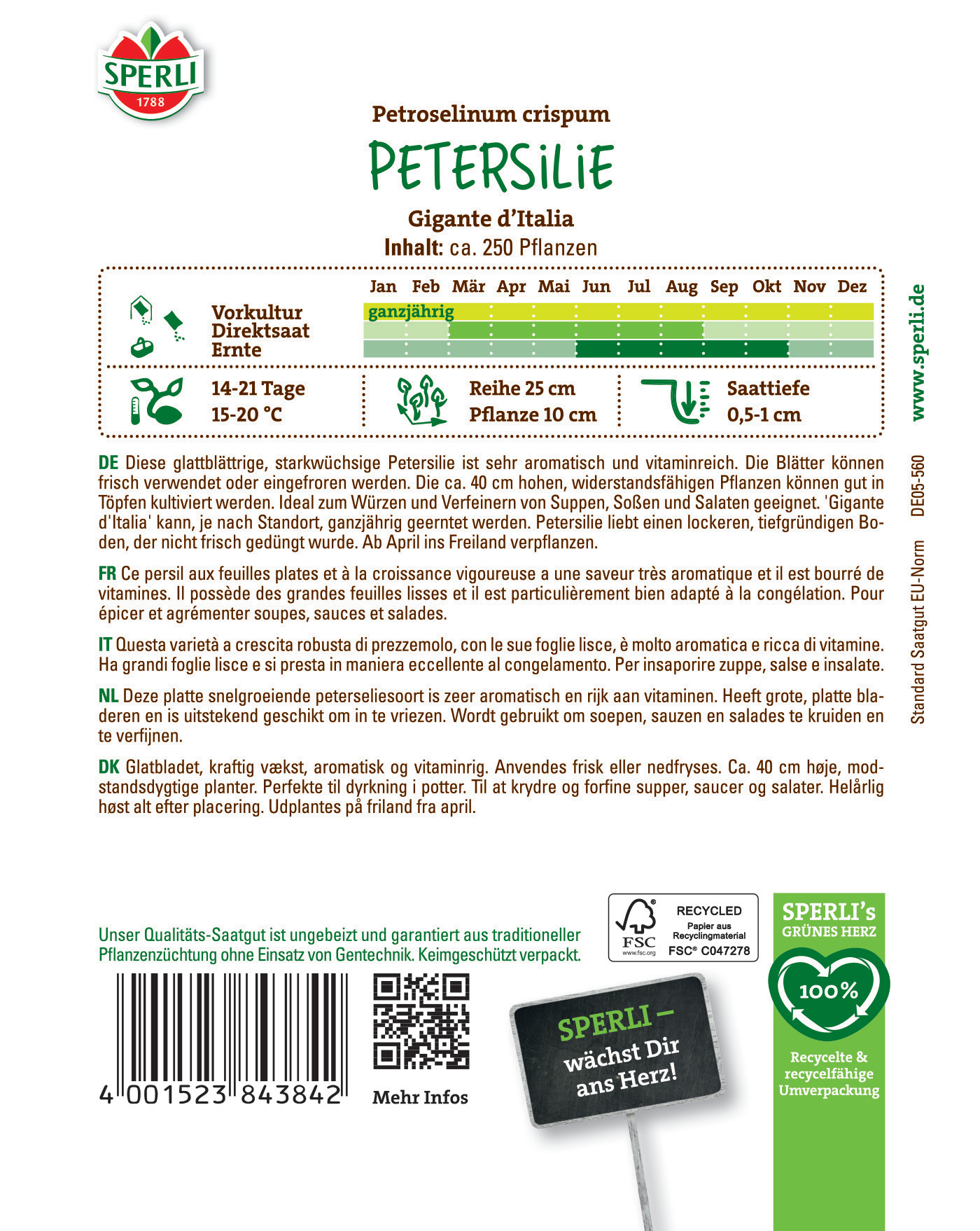 Petersilie, große grüne Blätter, wächst ganzjährig, 40 cm hoch, für Würzen, Salate, Suppen geeignet, März bis Oktober.